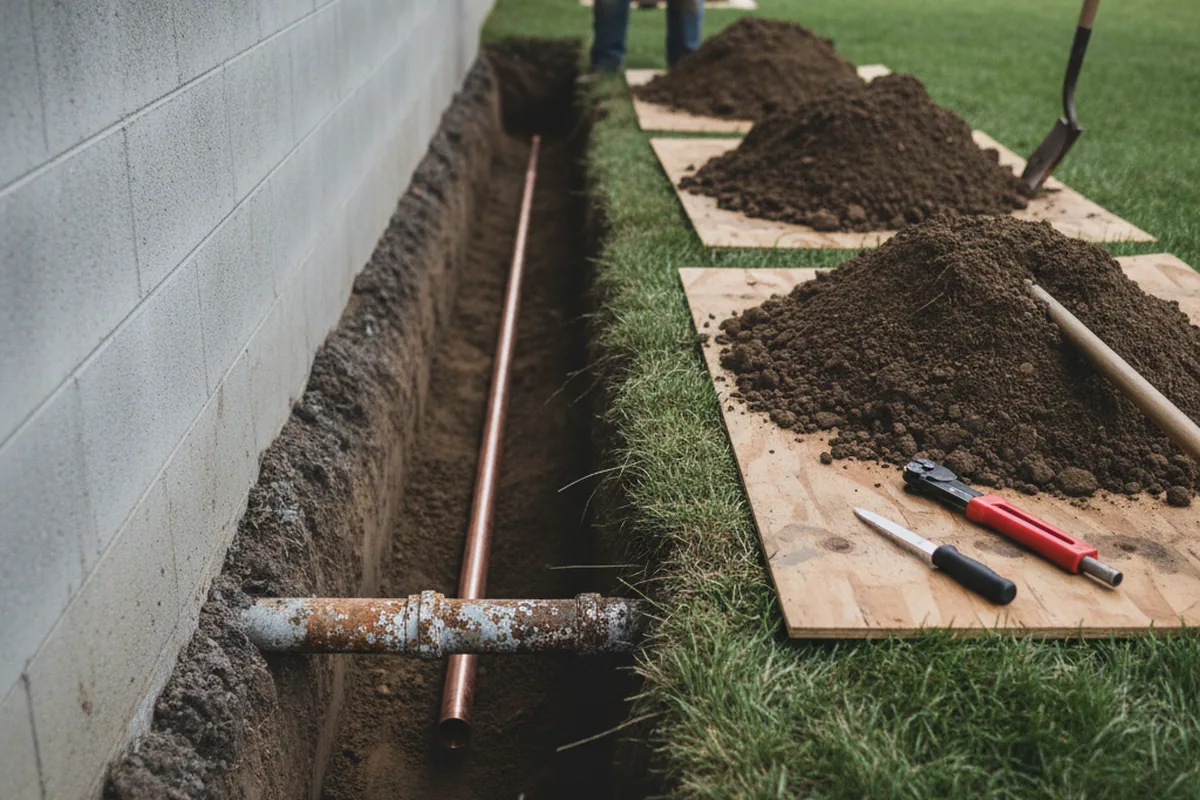 Excavated water line trench during Water Heater Repair in Englewood